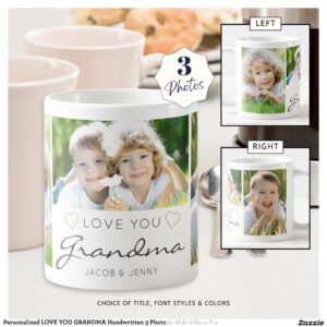 Personalized LOVE YOU GRANDMA Handwritten 3 Photo Coffee Mug