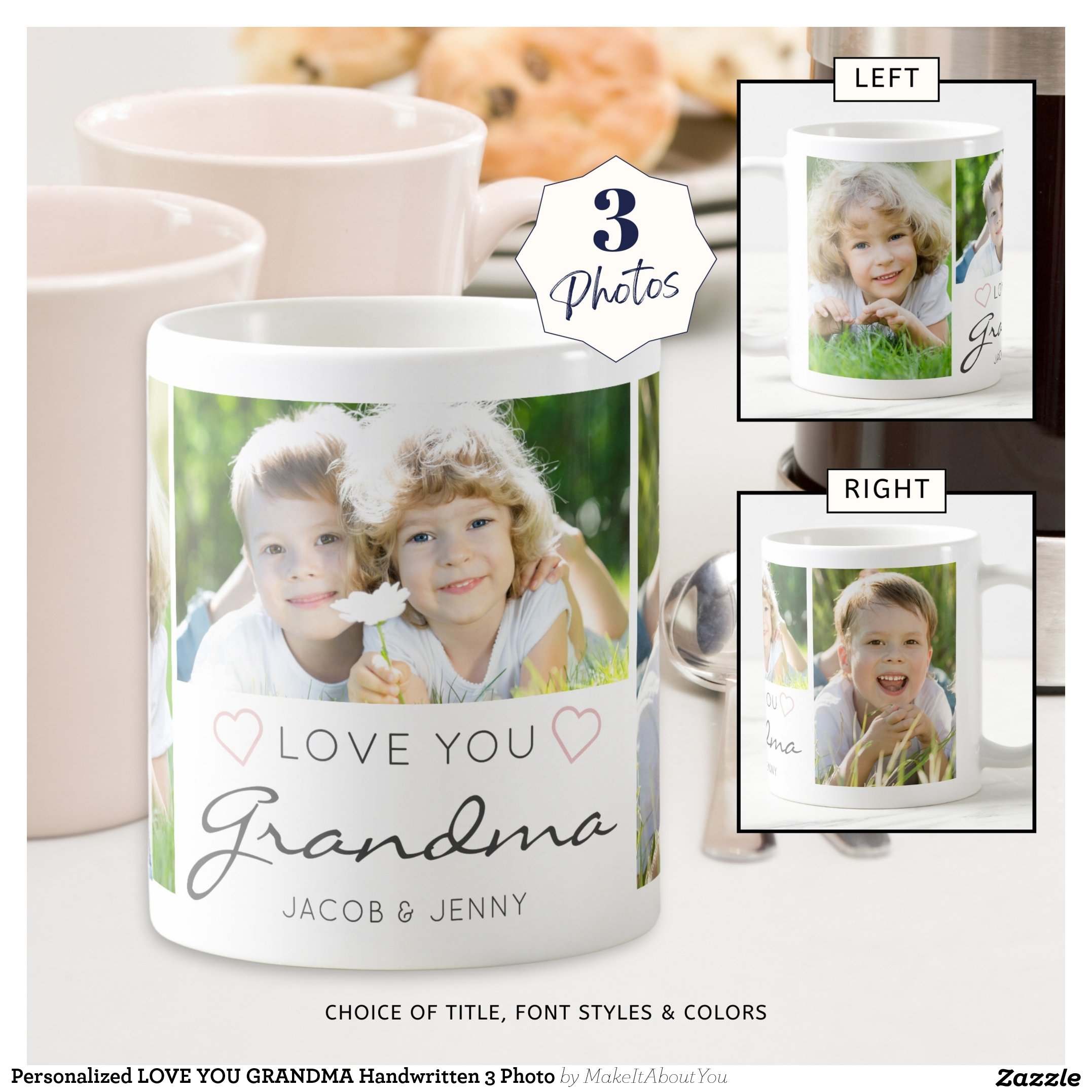 Personalized LOVE YOU GRANDMA Handwritten 3 Photo Coffee Mug