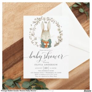 Vintage Rabbit Gender Neutral Baby Shower Invitation