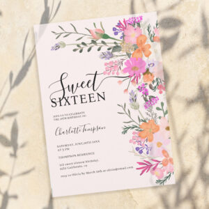 Romantic pastel wild flowers spring sweet 16 invitation