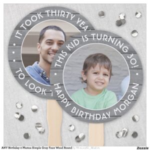 ANY Birthday 2 Photos Simple Gray Faux Wood Round Hand Fan