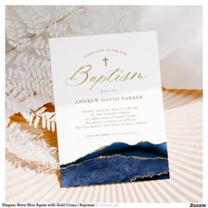 Elegant Navy Blue Agate with Gold Cross Baptism Invitation
