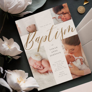 Gold Calligraphy Photo Collage Baby Baptism Cross Invitation