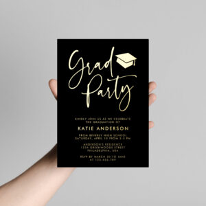Black Glam Minimalist Calligraphy Grad Party Foil Invitation