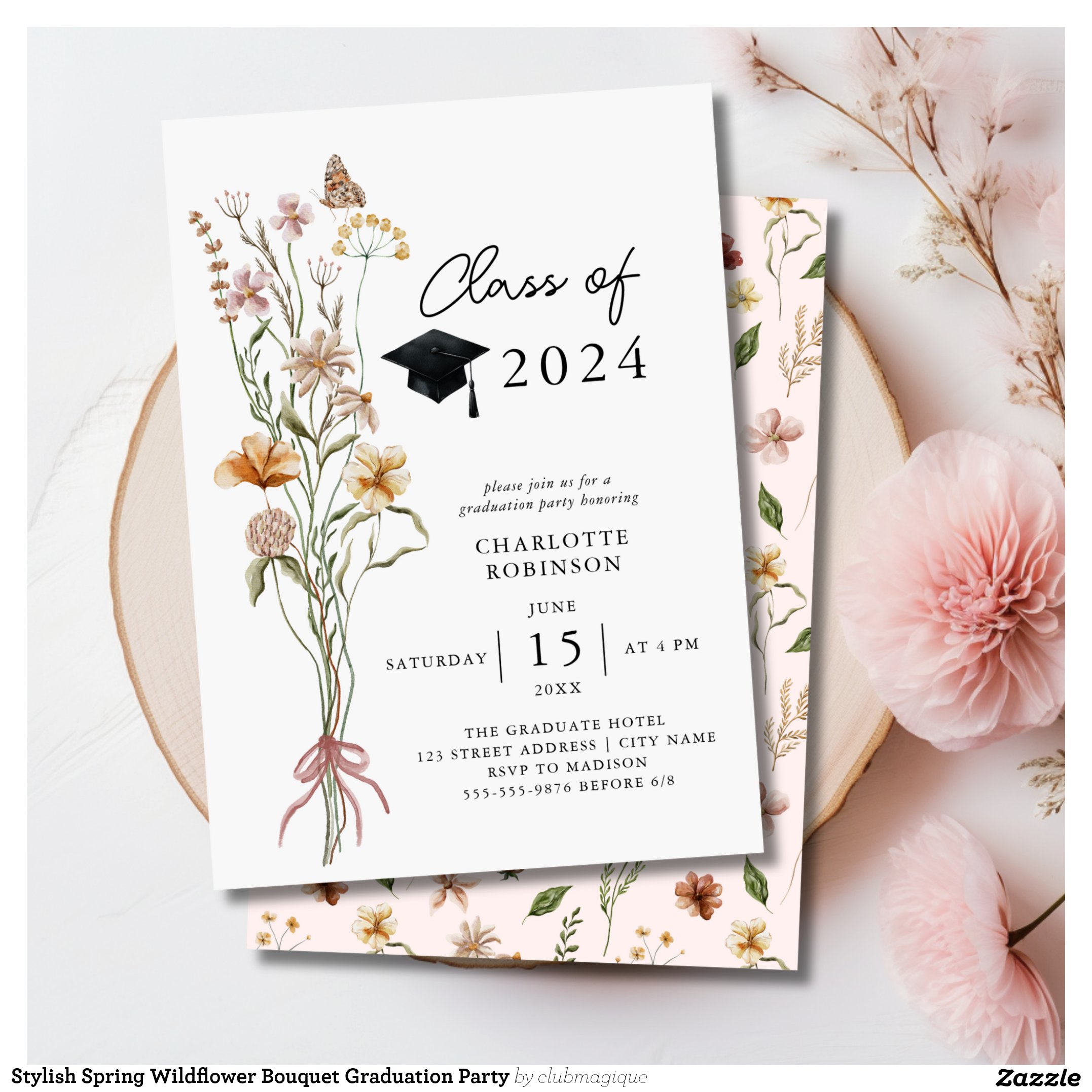 Stylish Spring Wildflower Bouquet Graduation Party Invitation