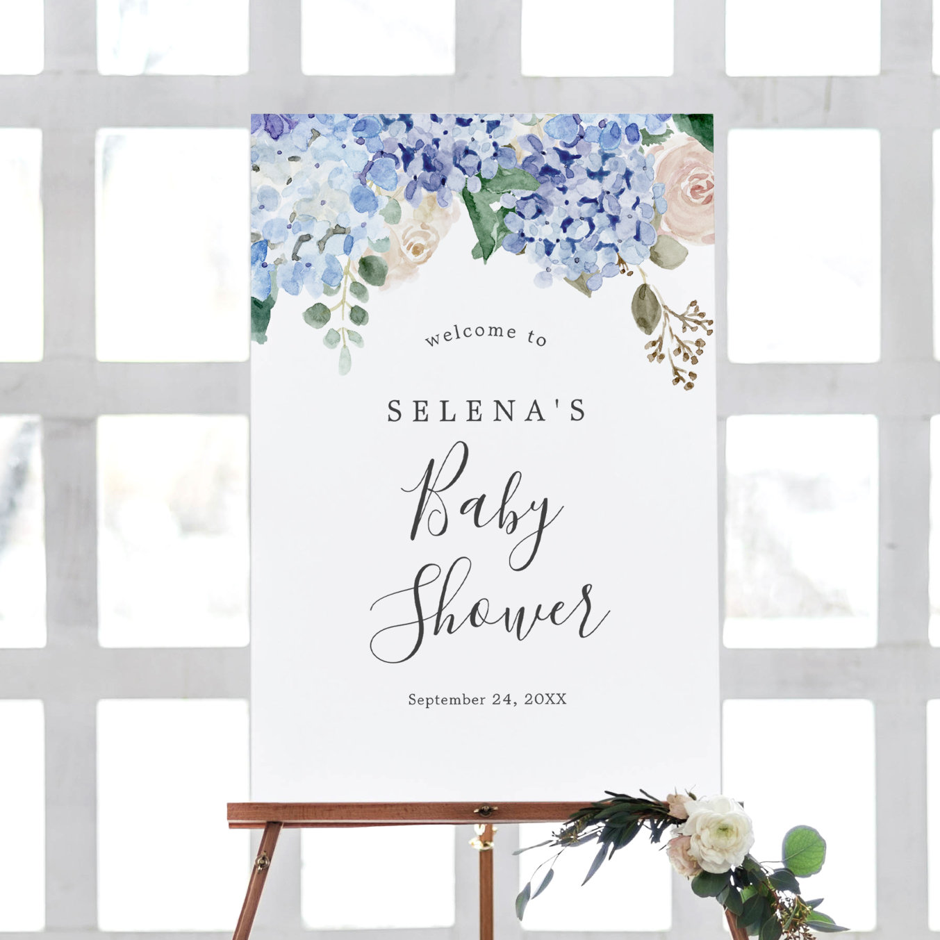 Elegant Blue Hydrangea Baby Shower Welcome Foam Board