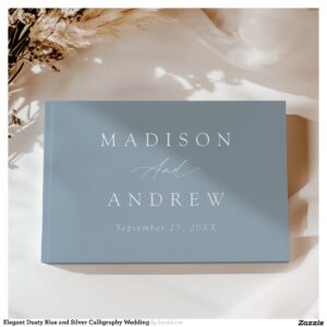 Elegant Dusty Blue and Silver Calligraphy Wedding Foil Guest Book