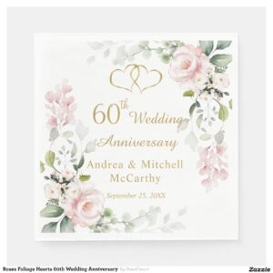 Roses Foliage Hearts 60th Wedding Anniversary Napkins