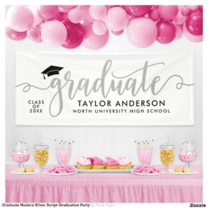 Graduate Modern Silver Script Graduation Party Banner