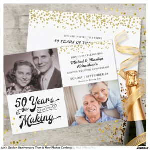 50th Golden Anniversary Then & Now Photos Confetti Invitation