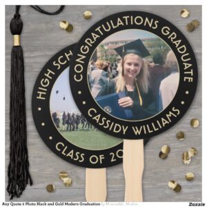 Any Quote 2 Photo Black and Gold Modern Graduation Hand Fan