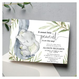 Gender neutral baby shower, elephant greenery gold invitation