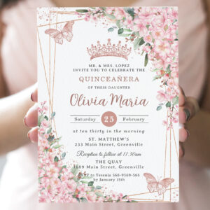 Cherry Blossoms Rose Gold Butterflies Quincea?era Invitation