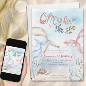 Oneder the Sea Mermaid Watercolor 1st Birthday Invitation