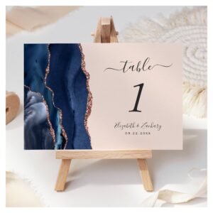 Modern Navy Blue Rose Gold Agate Blush Wedding Table Number