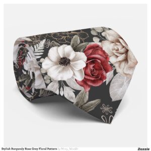 Stylish Burgundy Rose Grey Floral Pattern Neck Tie