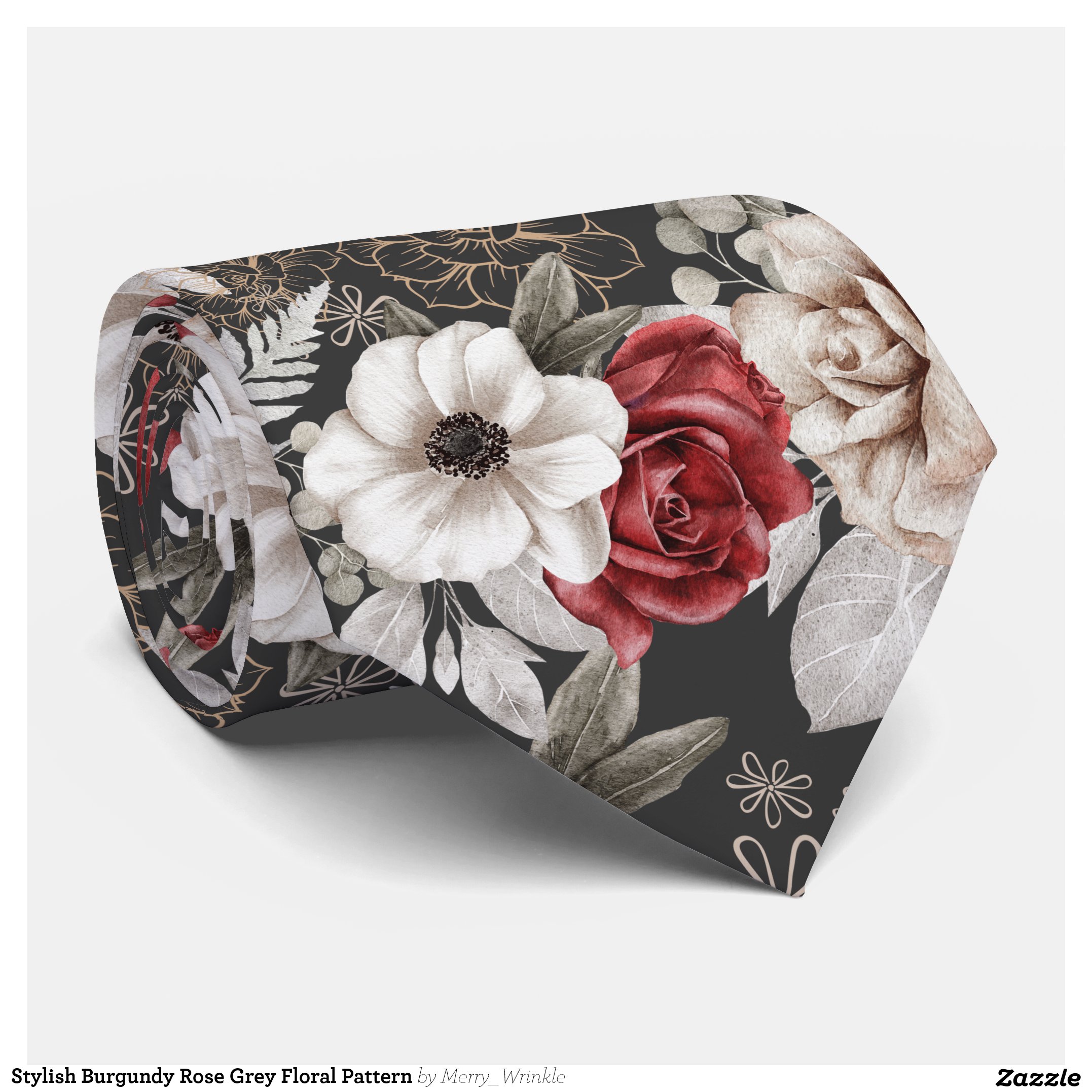Stylish Burgundy Rose Grey Floral Pattern Neck Tie