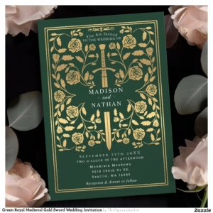 Green Royal Medieval Gold Sword Wedding Invitation