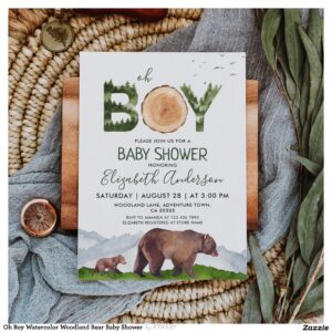 Oh Boy Watercolor Woodland Bear Baby Shower Invitation