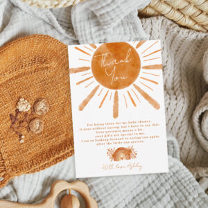 Boho sun rainbow orange baby shower thank you card