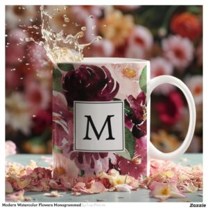 Modern Watercolor Flowers Monogrammed Two-Tone Coffee Mug