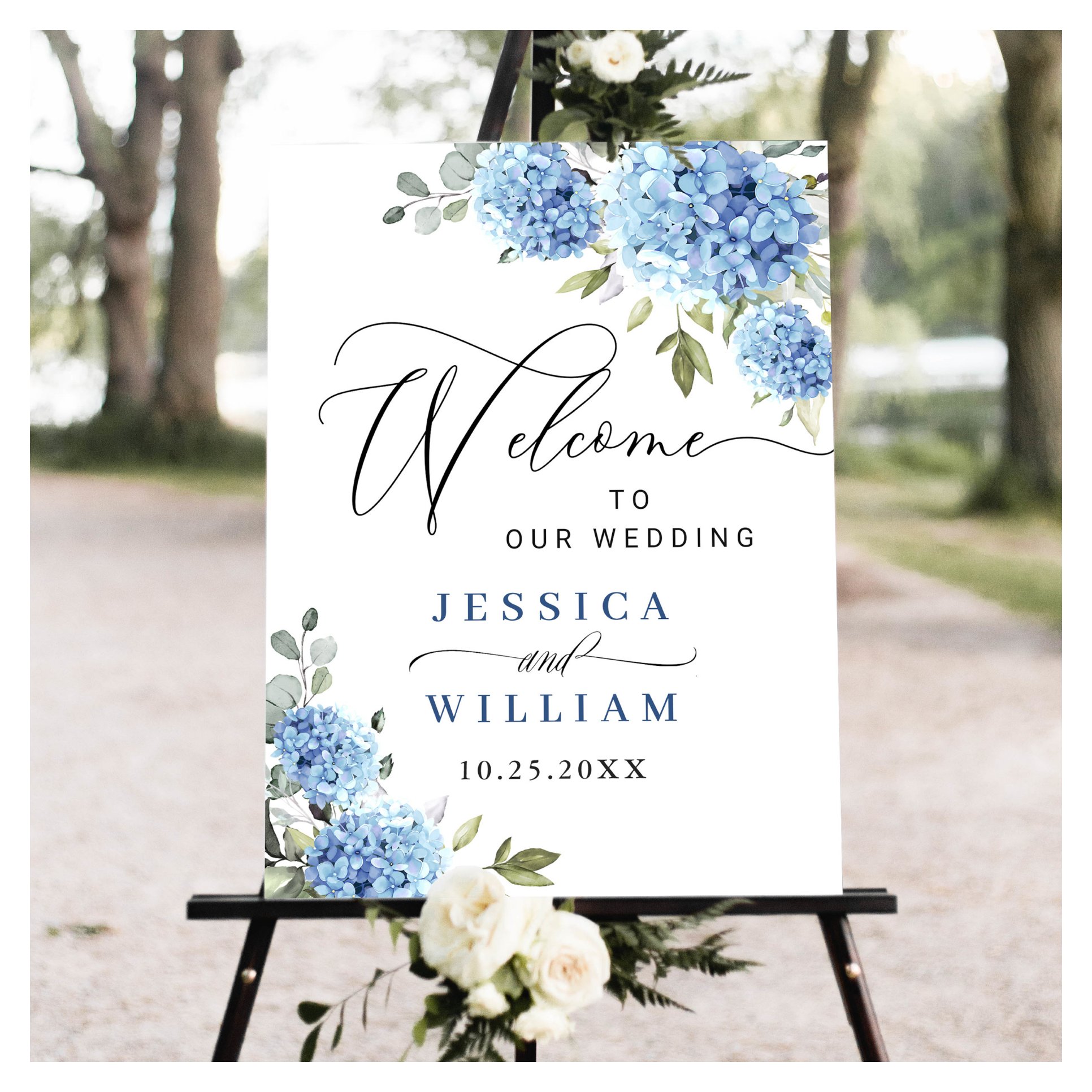 Elegant Blue Hydrangea Eucalyptus WEDDING Welcome Foam Board
