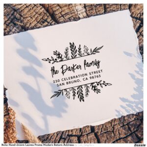 Boho Hand-drawn Leaves Frame Modern Return Address Rubber Stamp