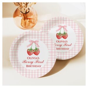 Berry first strawberry birthday Pink Bow Gingham Paper Plates