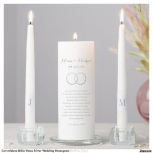 Corinthians Bible Verse Silver Wedding Monogram Unity Candle Set