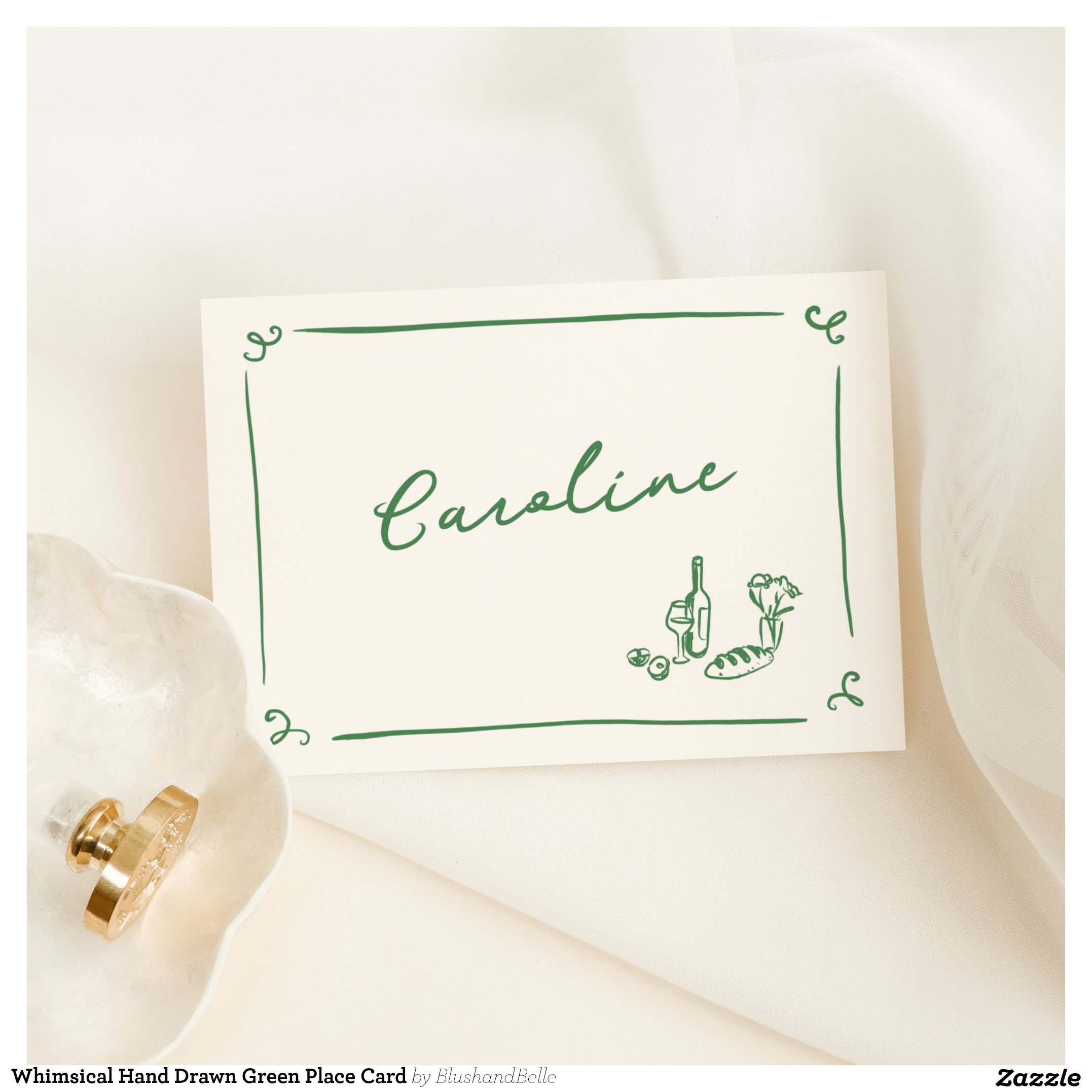 Whimsical Hand Drawn Green Place Card