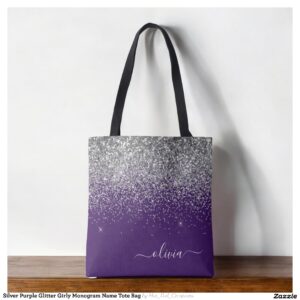 Silver Purple Glitter Girly Monogram Name Tote Bag