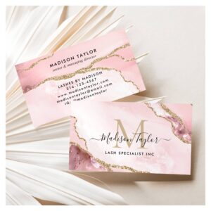 Chic Blush Pink Gold Glitter Marble Agate Monogram Business Card