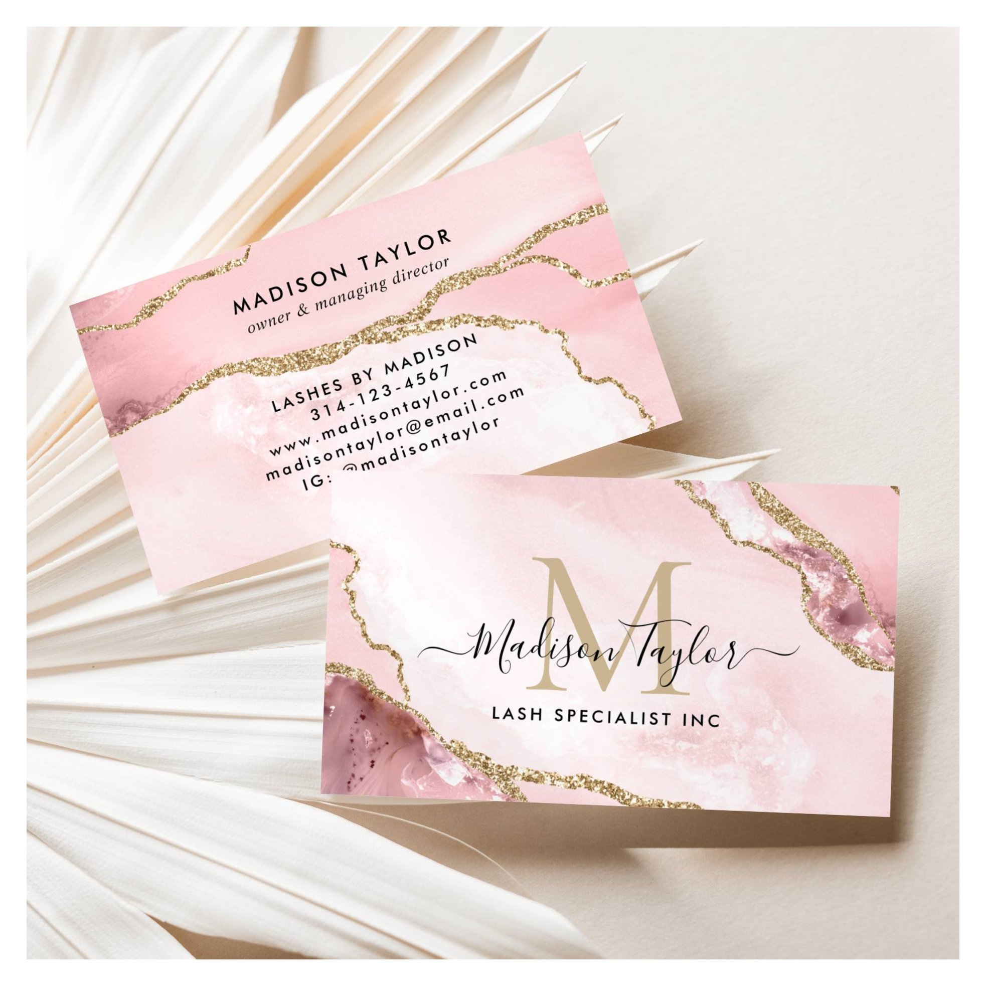 Chic Blush Pink Gold Glitter Marble Agate Monogram Business Card