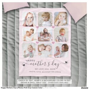 Happy Mothers Day 9 Photos Pink Gray Custom Color Fleece Blanket