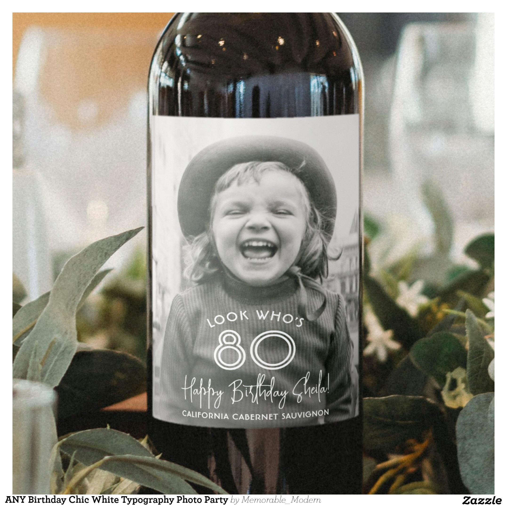 ANY Birthday Chic White Typography Photo Party Wine Label