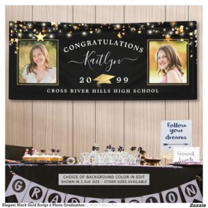 Elegant Black Gold Script 2 Photo Graduation Banner