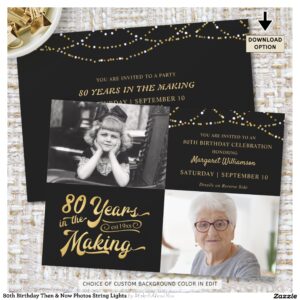 80th Birthday Then & Now Photos String Lights Invitation