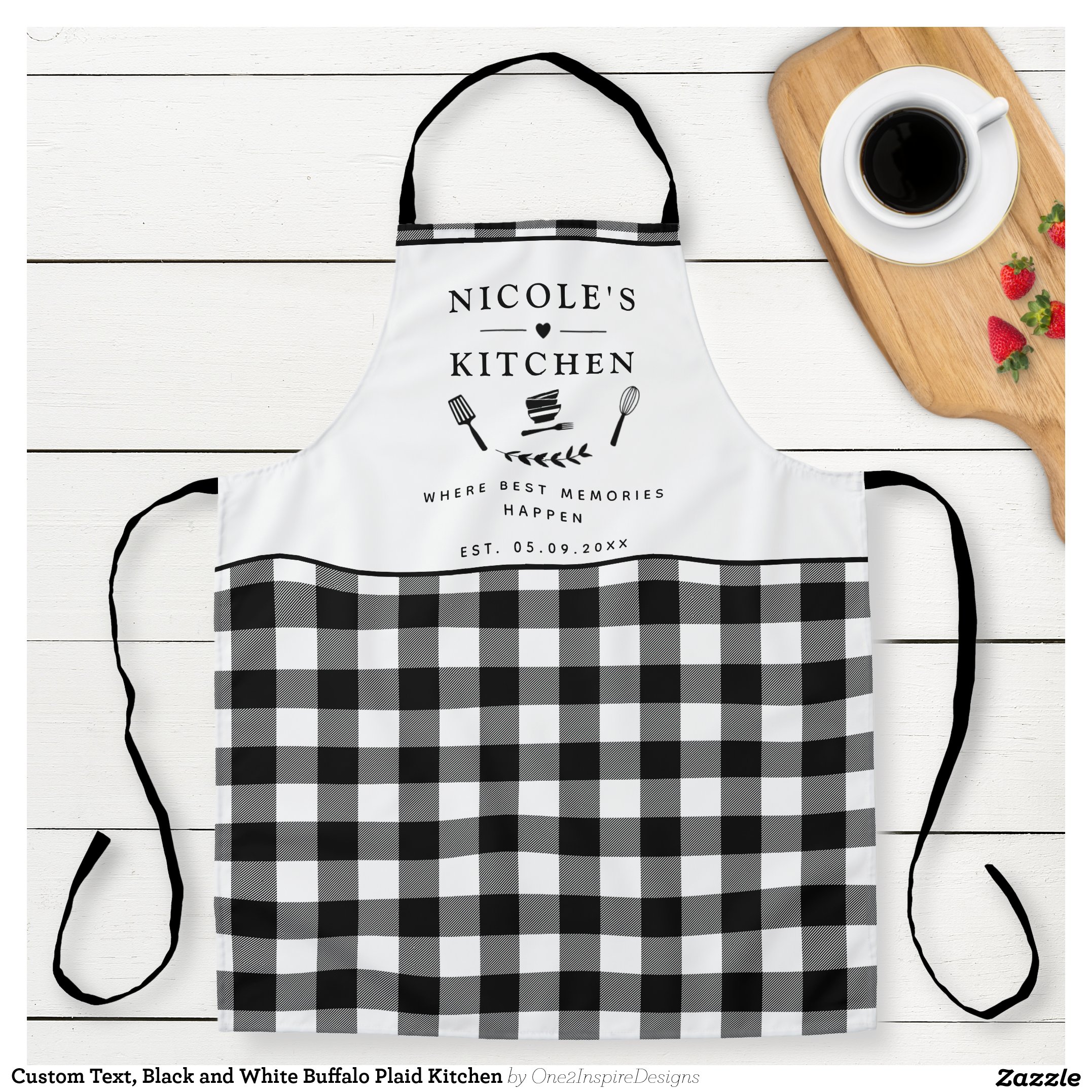 Custom Text, Black and White Buffalo Plaid Kitchen Apron