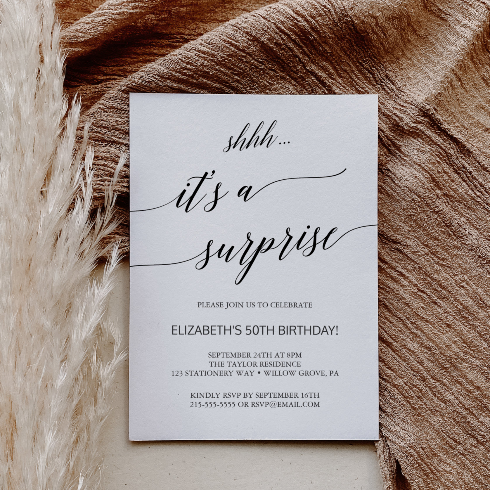 Elegant Black Calligraphy Surprise Party Invitation