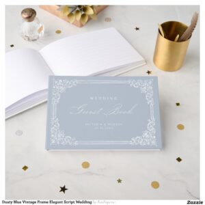 Dusty Blue Vintage Frame Elegant Script Wedding Guest Book