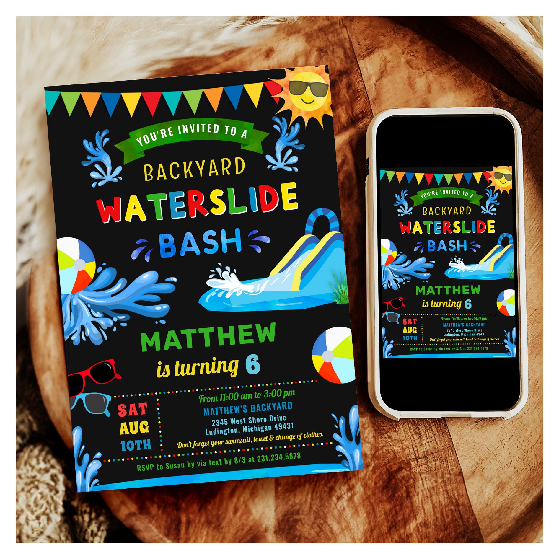 Waterslide Bash Summer Boy Birthday Party Invitation