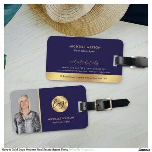 Navy & Gold Logo Modern Real Estate Agent Photo Luggage Tag