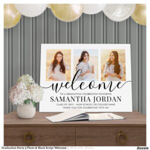 Graduation Party 3 Photo & Black Script Welcome Foam Board