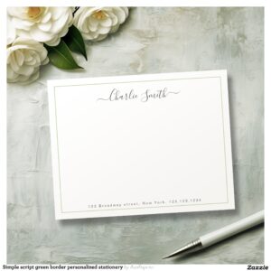Simple script green border personalized stationery note card
