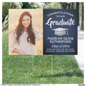 2 Photo Congrats Navy Blue White Silver Graduation Sign