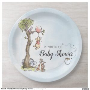 Pooh & Friends Watercolor Baby Shower Paper Plates