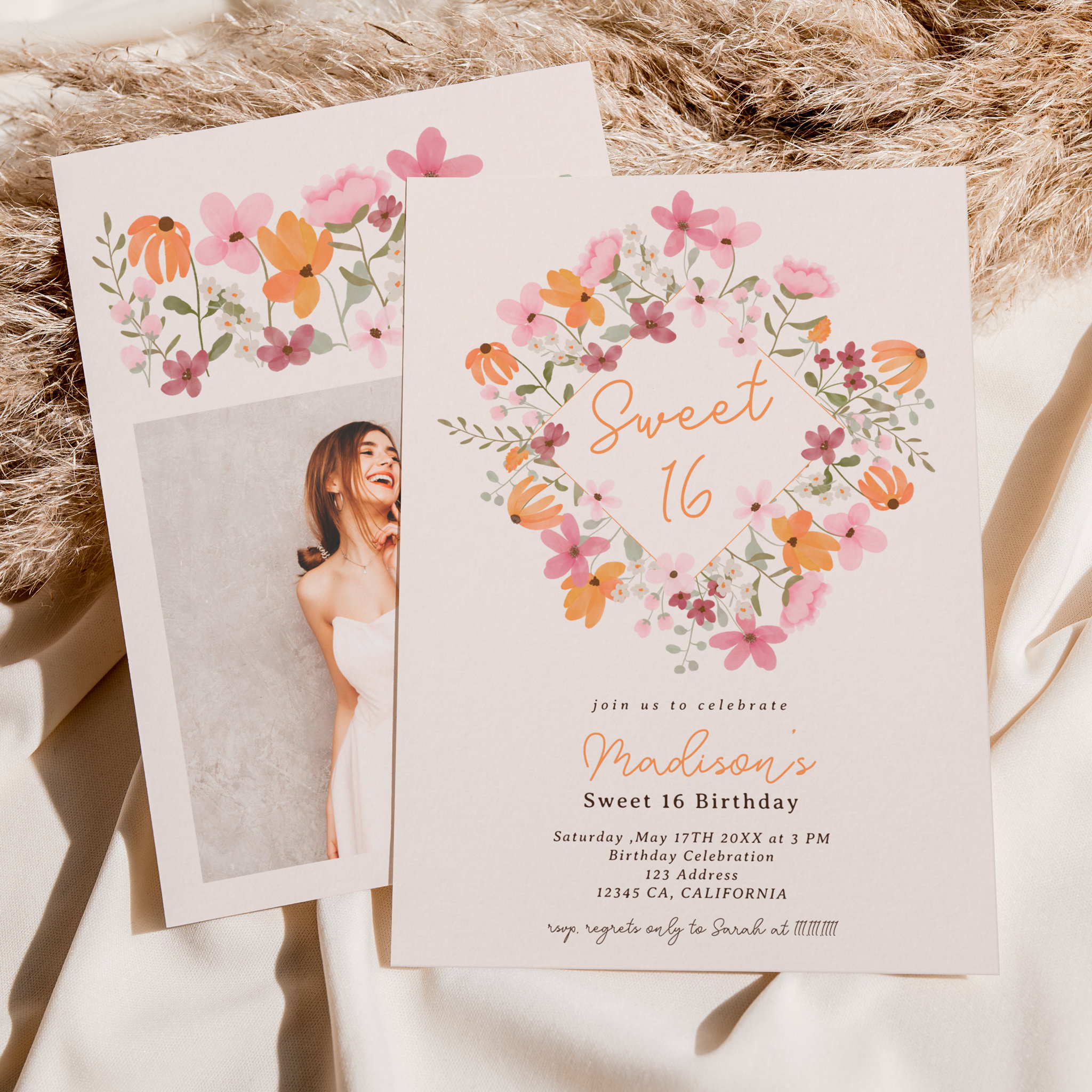 Boho meadow wildflowers photo Sweet 16 Invitation