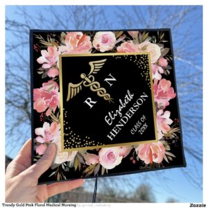 Trendy Gold Pink Floral Medical Nursing Graduation Cap Topper