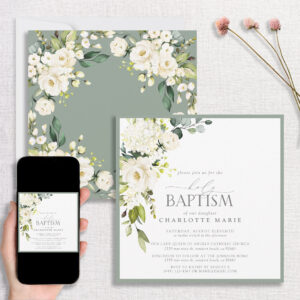 Elegant Sage Green Watercolor Floral Baptism Invitation