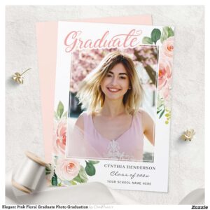 Elegant Pink Floral Graduate Photo Graduation Announcement